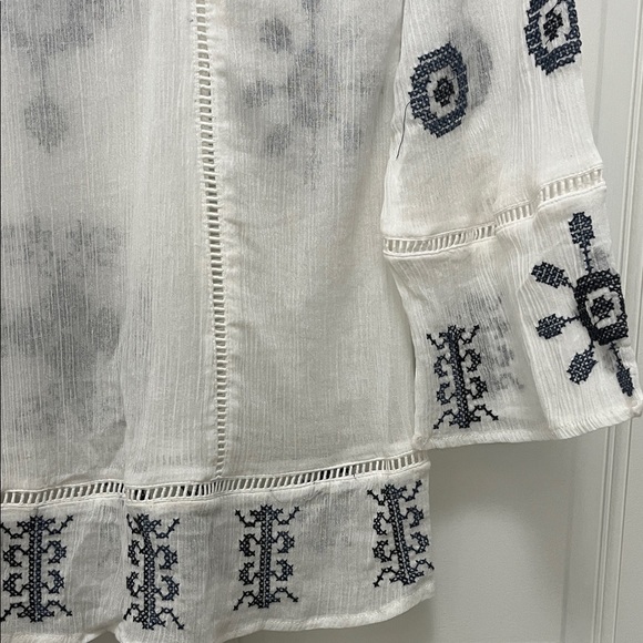 Monoreno Cotton Bohemian White Gauzy Blouse with Navy Embroidery - Size Small - Picture 11 of 14